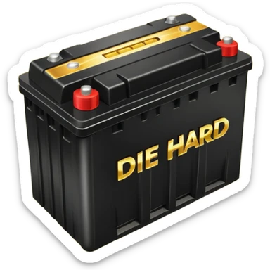 black car battery with 'Die Hard' written on it, encased in golden power rays, symbolizing its robustness sticker