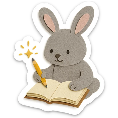 highly detailed, high quality paper craft style illustration of a gray bunny writing in a notebook with a spark of light, intricate textures, soft lighting, delicate cut-paper details sticker