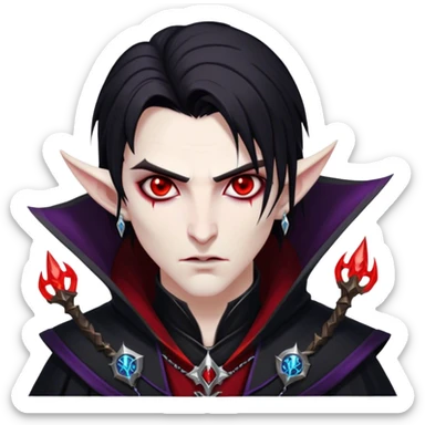 Cinematic Realistic WoW Vampire Mage Portrait, head tilted epicly and inquisitively, showcasing a commanding presence and ancient arcane mastery. His pallid skin and sleek dark hair are set against the intricately detailed black robe—with silver accents and mystical runes—that remains consistent in its shadowed elegance. His piercing crimson eyes blaze with forbidden power, rendered with dramatic, lifelike clarity and high shine, epic and awe-inspiring. sticker