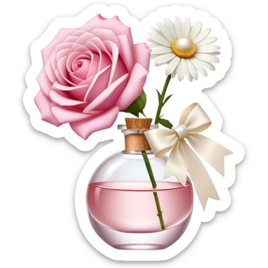 a beautiful aesthetic single rose in white and pink with an ivory bow and a pearl white perfume bottle with a white daisy on the cork sticker