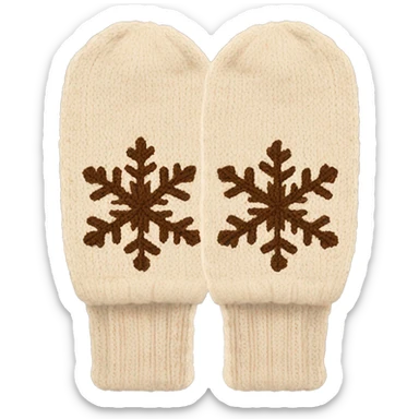 A pair of cozy knitted beige mittens with a snowflake design sticker
