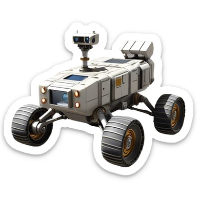 Cinematic Realistic Moon Rover – A rugged, high-tech vehicle traversing the Moon’s dusty surface. Its thick wheels leave tracks in the fine lunar regolith, with Earth hanging in the distant sky. Every mechanical detail of the rover is meticulously rendered, emphasizing its role in human exploration. sticker