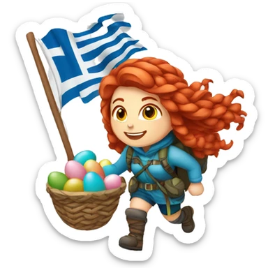 Female winter mountaineer red hair white skin climbing with Greek Flag and Easter eggs basket sticker