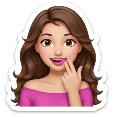 girl with long wavy brown hair, brown eyes, long lashes makeup, sexy pink lips, light to medium complexion, pink sexy top, sexy, gigling hand covering mouth sticker