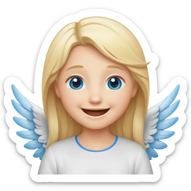 angel emoji blonde hair, blue eyes and smiling, larger wings with darker outline on them and bigger smile and more smiley eyes laughing sticker