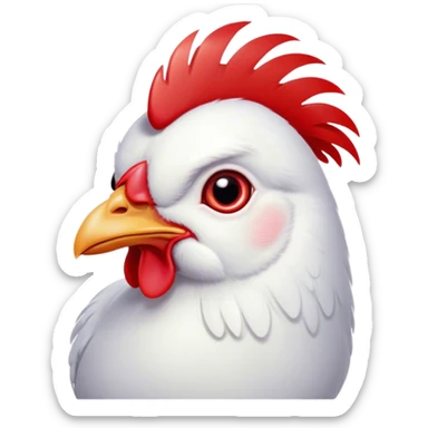 Cinematic Cute White Chicken Portrait Emoji, Head tilted playfully and inquisitively, featuring smooth, immaculate white feathers and a delicate red comb, round, sparkling beady eyes filled with curiosity, Simplified yet irresistibly adorable features, highly detailed, glowing with a warm, friendly glow, high shine, affectionate and lively, stylized with a touch of farmyard whimsy, bright and endearing, soft glowing outline, capturing the essence of a mischievous yet loving chicken, so playful it feels like it could peck out of the screen and into your arms! sticker
