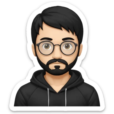 Man, hispanic skin, black hair, black beard, black mustache black eyes black t hoodie, small nose, long emo hair, muscular , round glasses sticker