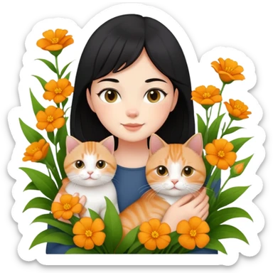 A black-haired girl happily holds a Ginger British Shorthair Cat in the flowers sticker