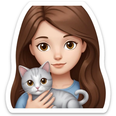 A girl with long brown hair holding a silver-colored cat sticker