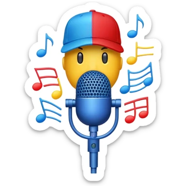 Create a dynamic and energetic emoji that represents beatboxing. The design should feature a microphone with a singing mouth and soundwaves or rhythmic beats emanating from it, symbolizing the vocal percussion and rhythm of beatboxing. Add a cap placed on top of the microphone to reflect street culture and the individuality of the performer. Include musical notes floating around to emphasize the musicality. Use bold, vibrant colors like neon blue, red, and yellow to convey energy and excitement. The background should be transparent. sticker