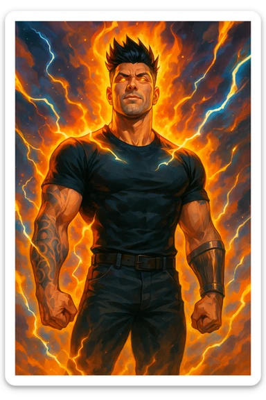 a muscular man with spiky hair stands in a powerful pose, surrounded by a glowing, fiery aura His eyes are intense and determined, and his body radiates energy and confidence. Lightning bolts and energy waves crackle around him, symbolizing a surge of testosterone and vitality. The background is dramatic, with swirling clouds and vibrant colors. sticker
