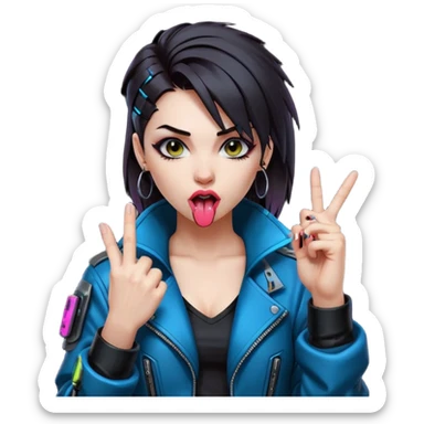 Woman with her tongue out in cyberpunk clothing and giving the middle finger. Looking naughty. sticker