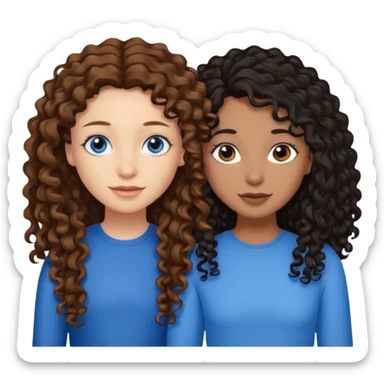 Two best friends .bestie 1: beige skin with brown long hair and blue eye. Bestie 2:mixed race skin with curly black hair and brown eye sticker
