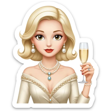 Elegant Western socialite with designer clothes, pearl necklace, champagne glass, luxury lifestyle sticker