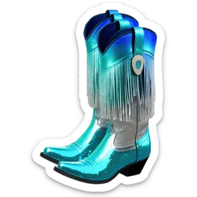 Realistic silver and peacock blue ombre pair of fashion cowgirl boots with sparkly shiny glitter fringe on them. sticker