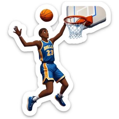 An icon featuring a basketball court with players in action, inspired by NBA 2K25. A player jumps for a dunk, with the ball mid-air. Bright lights illuminate the court, symbolizing the excitement of sports simulation games. Transparent background emphasizes the energy. sticker