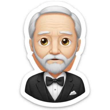 um sábio bem velho, cego de um olho, com barbas brancas e longas, usando um terno com gravata borboleta sticker