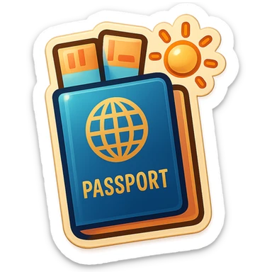 vector-style drawing of a passport with two tickets sticking out, and a small sun or cloud icon above the passport, in a retro sticker style with bold outlines and glossy highlights sticker