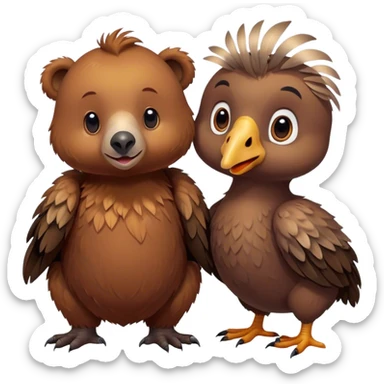 A cute realistic brown bear and a realistic cute dodo closely together sticker