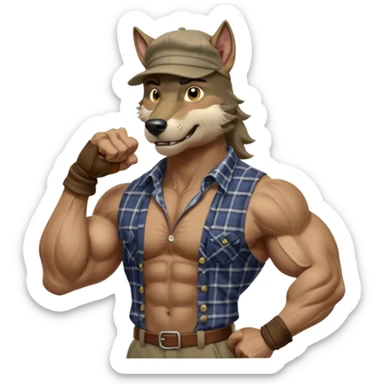 extremely super-duper hyper muscular wolf furry extremely exaggerated muscles with chiseled face, horse-length bullneck and an elongated snout, wearing a plaid dress shirt halfway buttoned, khaki dress slacks and very large newsboy cap on his head while flexing his bicep muscles sticker