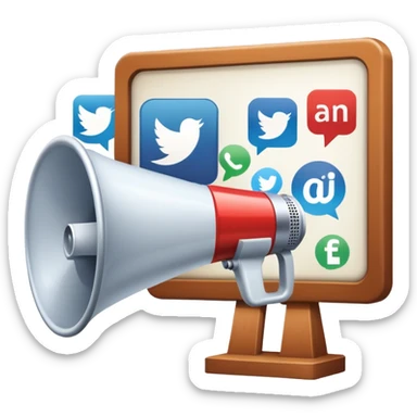 An icon featuring a megaphone, a billboard, and social media icons, symbolizing advertising and public relations. The design includes a press release and a rising graph, representing brand promotion and communication strategies. Transparent background highlights media influence and outreach. sticker