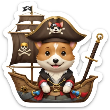 cartoon corgi dressed as a pirate with a hat and eyepatch, on a wooden pirate ship sticker