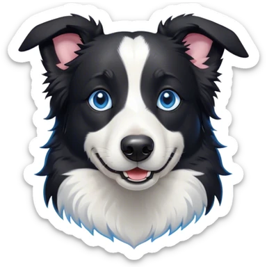 Cinematic Cute Black and White Border Collie Portrait Emoji, Head tilted playfully and inquisitively, with a sleek black and white coat and bright, sparkling blue eyes filled with curiosity, Simplified yet irresistibly adorable features, highly detailed, glowing with a warm, friendly glow, high shine, energetic and affectionate, stylized with a touch of whimsy, bright and endearing, soft glowing outline, capturing the essence of a mischievous yet loving pup, so playful it feels like it could bound out of the screen and into your arms! sticker