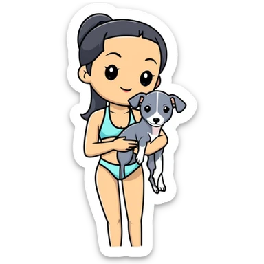 Slim Chinese woman with long black hair in appropriate pool attire at an indoor swimming pool with her Italian greyhound that is COMPLETELY solid grey, with absolutely NO white markings anywhere, single uniform grey color throughout entire dog body sticker