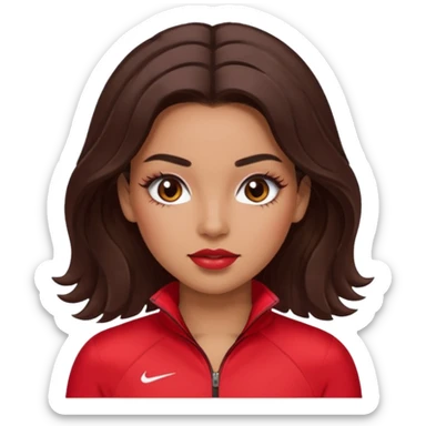girl in red sportswear with lashes, lipgloss and blush and hair out, brown dark hair straight and a bit wavy  sticker