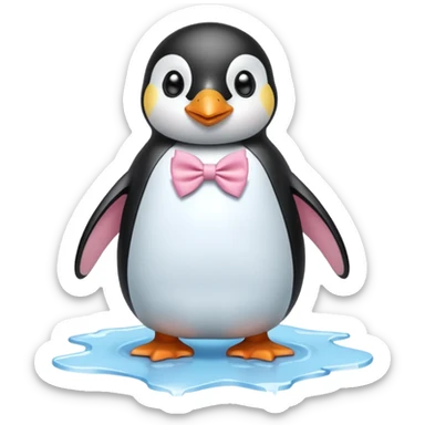 penguin, pink bow tie, standing on small ice melting sticker