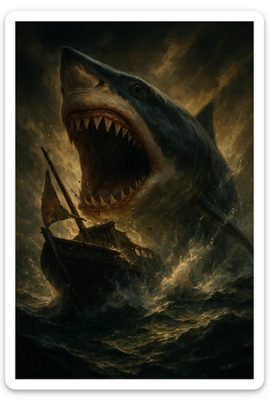 a shark eating a boat, dramatic cinematic style, intense lighting, high contrast, epic scene sticker
