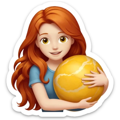 Happy long haired redhead hugging big yellow marble sticker