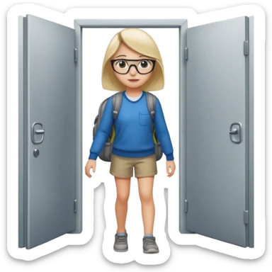 a girl walking through the door into a computer room in an organized manner sticker