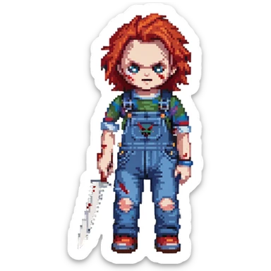 Chucky doll from Child's Play horror movie with red hair, scarred face, blue overalls and a knife sticker