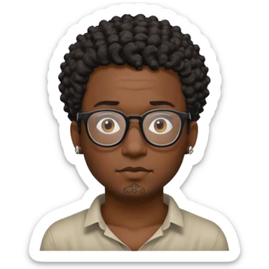 Black man emoji with short curly hair, black glasses, visible neck tattoo, adventurous and creative expression sticker
