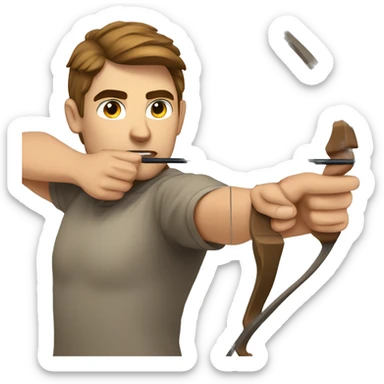 a male archer aiming with a bow looking at his target, wearing a tshirt, brown hair, bright skin, sticker