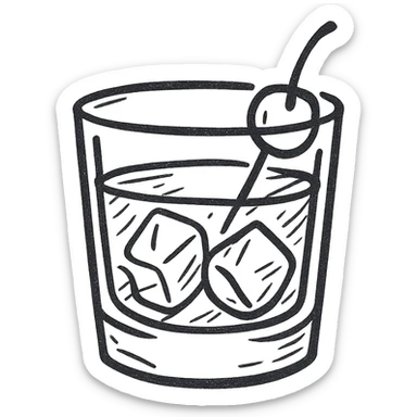 Manhattan cocktail in a short glass with ice, hand drawn black outline style, simple and sketchy sticker