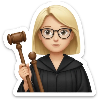 Young judge, blonde hair with glasses and robe, hold a gavel sticker
