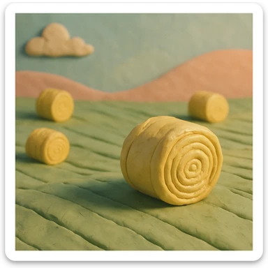 hay bales in a field, pastel colors, visible fingerprints, claymation style sticker