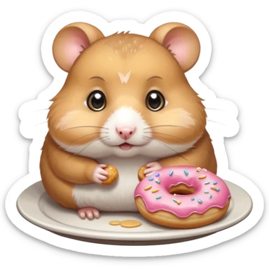 Cute cartoon-style hamster staring dramatically at a donut on a plate, conflicted expression, big shiny eyes. Painterly shading, white background, sticker-style illustration sticker