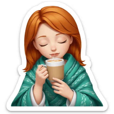 girl with ginger hair inside a blanket sipping coffee eyes closed sticker