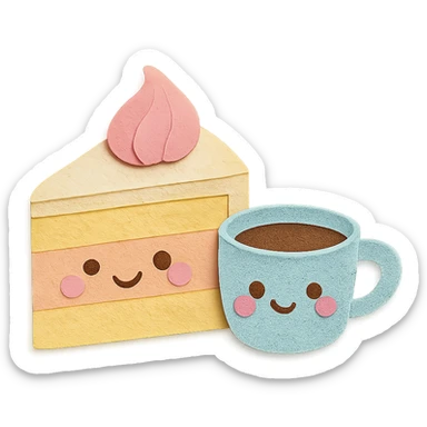 small hand-drawn slice of cake with coffee cup beside, soft pastel kawaii style sticker
