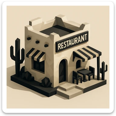 isometric exterior of a southwestern restaurant, black, beige, and white color palette, dollhouse style, low-poly polygonal 3D look sticker