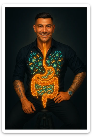 Radiant man with transparent digestive system showing diverse, thriving gut bacteria colonies in perfect balance, beneficial microorganisms glowing like constellation patterns throughout intestines, expression of optimal health and vitality, digestive tract functioning as harmonious ecosystem, immune system strengthened by microbial diversity, energy levels at peak performance sticker