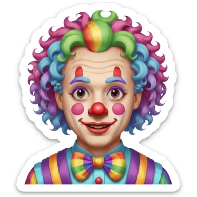 Middle-age man with Curly rainbow hair of clown — soft pastel curls tied high sticker