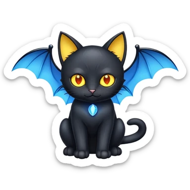 black cat with blue bat wings and glowing yellow eyes sticker