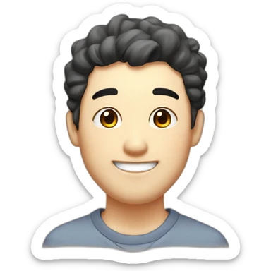 Fat, slightly thin, droopy eyes and eyebrows, thick lips, big head, smiling with a pencil, cute Japanese guy sticker