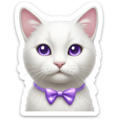 White cat with sparkle lavander bow on left ear sticker