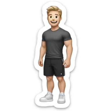 amazed Open with surprise mouth Pale skinned Fit Man With the biceps and dark brown hair in black shirt, gray sports shorts and white Sneakers sticker