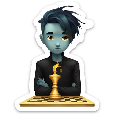 Hamlet young skinny sad man iridescent hair wearing raven feathers with a gilded hourglass and golden flames yin yang chess board sticker